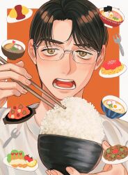  1boy blush border bowl brown_eyes brown_hair chopsticks commentary commentary_request curtained_hair famiresu_iko. food fork fruit highres holding holding_chopsticks kamaboko karaoke_iko! ketchup lemon looking_at_viewer male_focus narutomaki noodles oka_satomi omelet omurice open_mouth parted_bangs pasta plate portrait ramen rice rimless_eyewear sanpaku sasakura34 shirt shrimp shrimp_tempura simple_background spaghetti spring_onion tempura tomato white_border white_shirt yakisoba 