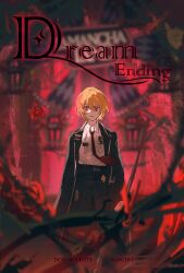  1girl absurdres belt black_belt black_coat black_pants blonde_hair character_name coat commentary_request don_quixote_(project_moon) english_text ferris_wheel glowing glowing_eyes highres holding holding_polearm holding_weapon lance lapels limbus_company necktie notched_lapels open_clothes open_coat pants polearm project_moon red_eyes red_necktie sancho_(project_moon) shirt short_hair sixgod solo title upper_body weapon white_shirt 