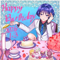  1boy aether_(genshin_impact) black_shirt black_sleeves blue_background blue_necktie blunt_ends border bouquet cake cake_slice candle candlestand caramelo_game character_doll collared_shirt commentary_request cup dated doll dress_shirt drinking_glass durin_(genshin_impact) eyeliner eyeshadow food fork fruit genshin_impact glass hair_intakes hand_up happy_birthday head_rest highres holding holding_bouquet holding_cup jacket knee_up layered_sleeves long_sleeves looking_to_the_side makeup mini_durin_(genshin_impact) nahida_(genshin_impact) necktie ornate_border paimon_(genshin_impact) parted_lips petals plate purple_hair purple_pupils red_eyeliner red_eyeshadow red_petals scaramouche_(cat)_(genshin_impact) scaramouche_(genshin_impact) sethos_(genshin_impact) shirt shorts sitting spilling strawberry suit suit_jacket teacup teapot tsurime undershirt violet_eyes white_mouth white_shorts white_sleeves white_suit wine_glass wing_collar wispy_bangs 