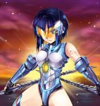  1girl armor bare_shoulders blue_eyes blue_hair dos_(artist) dual_wielding gipsy_danger leotard mecha_musume pacific_rim personification serious short_hair solo sunset sword tattoo visor weapon 