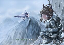  1girl ahoge aircraft airplane animal_ears backpack bag brown_hair call_of_duty call_of_duty:_modern_warfare_2 commentary_request daring_tact_(umamusume) ear_ornament fighter_jet hair_ornament highres horse_ears horse_girl horse_tail jacket kneeling looking_at_viewer mig-29 military_vehicle mountain parody rascal-teitoku snow solo_focus star_(symbol) star_hair_ornament tail translation_request umamusume watermark 