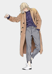  1girl absurdres blonde_hair brown_coat closed_eyes closed_mouth coat contemporary daki_daily dungeon_meshi falin_touden falin_touden_(tallman) full_body green_shirt grey_background grey_pants highres pants shirt shoes short_hair simple_background smile solo white_shoes 