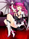  1girl arisu_shiria claws detached_sleeves dress fate/extra_ccc fate_(series) green_eyes horns lancer_(fate/extra_ccc) long_hair pink_hair pointy_ears pointy_shoes polearm solo spear tail two_side_up weapon wings 