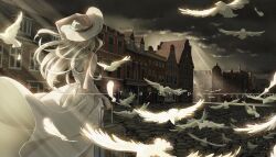  1girl absurdres arm_up artist_name bird building clouds cloudy_sky commentary cowboy_shot dated dress english_commentary falling_feathers feathers film_grain flock from_behind grey_hair hand_on_headwear hat highres holding holding_suitcase long_dress long_hair original picture_hat rolling_suitcase sky sleeveless sleeveless_dress solo standing stone_floor suitcase sunlight teardrops_(user_vgvd7733) vanishing_point white_dress white_hat wind 