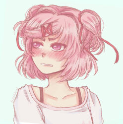 1girl axolotl-anne blush casual collarbone commentary doki_doki_literature_club english_commentary eyelashes hair_intakes hair_ornament hair_ribbon natsuki_(doki_doki_literature_club) nose_blush official_alternate_costume pink_eyes pink_hair portrait red_ribbon ribbon short_hair simple_background solo two_side_up white_background 