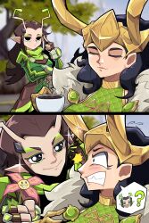  2girls absurdres alien antennae black_hair blush closed_mouth commentary english_commentary flower flowey_(undertale) gloves green_eyes guardians_of_the_galaxy hebinalmeog highres horns lady_loki loki_(marvel) long_hair looking_at_viewer mantis_(marvel) marvel marvel_rivals multiple_girls official_alternate_costume open_mouth pointy_ears smile thor_(marvel)_(series) undertale utdr_(toby_fox) yuri 