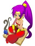  1girl bare_shoulders blue_eyes breasts cleavage dark_skin earrings hoop_earrings jewelry long_hair looking_at_viewer midriff navel pointy_ears ponytail purple_hair shantae shantae_(character) smile solo tamakorogashi tiara 