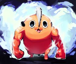  1boy :3 a-kiraa_(whisper) biceps black_eyes chainsaw chainsaw_man clenched_hands colored_skin fangs fog highres kick_back_(song) looking_at_viewer meme muscular muscular_male open_mouth orange_skin oversized_limbs pochita_(chainsaw_man) solo tail walking walking_towards_viewer yonezu_kenshi_(person) 