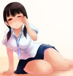  1girl breasts brown_eyes brown_hair highres long_hair mole sakushin school_uniform solo thighs wink 