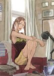  1girl barefoot blue_eyes brown_hair computer_mouse couch female legs long_hair naro0427 original ponytail popsicle shorts sitting solo 