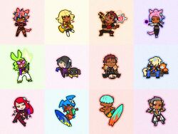  5boys 5girls :d animal_ears aqua_eyes aqua_hair black_hair blonde_hair blowing_kiss cat cat_ears cat_girl cat_tail chibi chibi_only commentary crossed_legs dark-skinned_female dark-skinned_male dark_skin deep_blue_(ff14) dreadwyrmtrance eheeya_(ff14) elezen elf english_commentary eutrope_(ff14) final_fantasy final_fantasy_xiv frown green_eyes green_hair grey_hair grin hair_over_eyes hector_(ff14) heterochromia honey_b._lovely hyur lalafell long_hair medium_hair miqo'te multiple_boys multiple_girls multiple_views o3o one_eye_closed pink_hair pointy_ears purple_hair rabbit_boy rabbit_ears red_hair red_hot_(ff14) retsarra_(ff14) short_hair smile sugar_riot surfboard surfing tail the_tyrant_(ff14) vamp_fatale viera violet_eyes yaana_(ff14) yan_(final_fantasy) yellow_eyes 