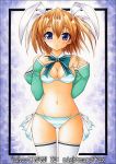  1girl aizawa_tomomi bikini blue_eyes brown_hair detached_collar detached_sleeves nightmare77zx pia_carrot_(series) short_hair solo swimsuit thighhighs traditional_media twintails 