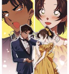  ! ... 1boy 1girl absurdres back_bow black_bow black_bowtie blue_eyes blue_jacket blue_pants blue_suit blush border bow bowtie breasts brown_hair collared_shirt commentary_request cowboy_shot dark-skinned_male dark_skin dress formal_clothes frilled_sleeves frills green_eyes hair_ribbon hattori_heiji hetero highres jacket long_hair looking_at_another medium_breasts meitantei_conan off-shoulder_dress off_shoulder open_mouth pants parted_bangs parted_lips ponytail ribbon shirt short_hair smile spoken_ellipsis spoken_exclamation_mark suit suit_jacket susk_tkc tan tooyama_kazuha white_border white_shirt yellow_dress yellow_ribbon 