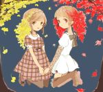  autumn blonde_hair boots detached_sleeves dress flats hair_ornament holding_hands kneeling leaf leggings nucco smile tagme wreath 