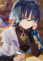  1boy armor bespectacled black_bridal_gauntlets black_hair blue_cape blue_hair blue_kimono blue_sleeves blunt_ends blurry blurry_background bodysuit bookshelf bridal_gauntlets bright_pupils brown_bodysuit brown_bridal_gauntlets cape commentary_request covered_collarbone cursive dragon durin_(genshin_impact) elbow_rest eyeliner eyeshadow feathers genshin_impact glasses gold gold_ring grey_hair hand_on_own_face head_rest highres holding holding_quill indoors japanese_armor japanese_clothes juban kazuki_(kazuki_01) kimono kote kurokote layered_sleeves library looking_at_animal looking_back makeup male_focus mandarin_collar middle_ring mini_durin_(genshin_impact) multicolored_hair open_clothes open_kimono paper purple_feathers purple_hair quill red_eyeliner red_eyeshadow scaramouche_(genshin_impact) short_sleeves shoulder_peek small_dragon streaked_hair violet_eyes wanderer_(genshin_impact) watermark white_kimono white_pupils white_sleeves wispy_bangs writing 