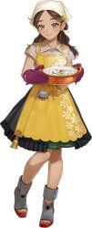 1girl apron bad_link bandana bell black_skirt boots brown_eyes brown_hair brown_shirt cooking_pot dark-skinned_female dark_skin elephant floral_print food full_body grey_boots kantai_collection long_hair looking_at_viewer multicolored_hair official_art open-toe_shoes oven_mitts porridge rudder_footwear sash shirt skirt solo streaked_hair sumino_(c2_kikan) thonburi_(kancolle) thonburi_(nanakusagayu)_(kancolle) transparent_background white_bandana yellow_apron yellow_sash 