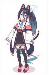  1girl animal_ear_headphones animal_ears aris_(blue_archive) black_hair black_skirt black_thighhighs blue_archive blue_eyes blue_necktie blush bow bowtie cat_ear_headphones cat_ears closed_mouth coat collared_shirt commentary_request cosplay dot_nose double-parted_bangs fake_animal_ears full_body green_halo hair_between_eyes halo headphones highres long_hair long_hair_between_eyes long_sleeves looking_at_viewer momoi_(blue_archive) momoi_(blue_archive)_(cosplay) necktie off_shoulder pleated_skirt ponytail rectangular_halo red_bow red_bowtie red_shoes shirt shoes simple_background skirt smile solo standing thigh-highs very_long_hair white_background white_coat white_shirt wide_sleeves yoru_nai zettai_ryouiki 