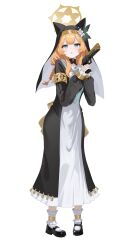  1girl absurdres animal_ears black_coat black_shoes black_veil blue_archive blue_eyes blue_neckerchief braid coat commentary desert_eagle dress ears_through_headwear flower gun hair_flower hair_ornament halo handgun highres holding holding_gun holding_weapon long_hair mari_(blue_archive) neckerchief nun orange_hair sailor_collar shoes sidelocks single_braid socks solo veil weapon white_dress white_flower white_sailor_collar white_socks xiaoxiaoyifan yellow_halo 