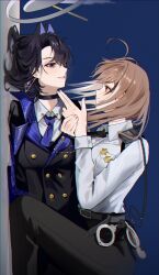  2girls ahoge alternate_costume belt black_belt black_choker black_hair black_jacket black_necktie black_pants blue_background blue_eyes blue_hair blue_necktie breast_pocket brown_eyes brown_hair buttons choker closed_mouth collared_shirt colored_inner_hair commentary cuffs double-breasted dress_pants dress_shirt earrings emimhok eye_contact finger_gun girl_on_top grin hair_intakes halo handcuffs highres hololive hololive_english jacket jewelry long_hair long_sleeves looking_at_another lying mechanical_halo multicolored_hair multiple_girls nanashi_mumei necktie on_floor on_side ouro_kronii pants pocket police police_badge police_uniform policewoman profile shirt short_hair sideways simple_background smile streaked_hair symbol-only_commentary two-tone_hair walkie-talkie white_hair white_shirt yuri 