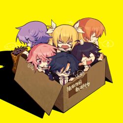  2boys 4girls arimura_hinae blonde_hair blue_hair box chaos;child chibi closed_eyes commentary_request food hekiho_academy_school_uniform highres ikeda_san3 in_box in_container itou_shinji_(chaos;child) kazuki_hana kurusu_nono long_hair miyashiro_takuru multiple_boys multiple_girls onoe_serika open_mouth pink_hair school_uniform science_adventure short_hair shrimp shrimp_tempura smile tempura twintails 