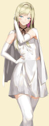  1girl :> absurdres adapted_costume aqua_eyes blonde_hair blush closed_mouth commentary earrings elbow_gloves gigi_andalusia gloves gundam gundam_hathaway's_flash hand_in_own_hair hand_on_own_hip highres jewelry knee_up looking_at_viewer pixel_(yuxian) simple_background smile solo standing swept_bangs thigh-highs triangle_earrings white_gloves white_thighhighs yellow_background zettai_ryouiki 