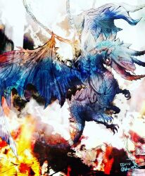  chain commentary_request copyright_name dragon final_fantasy final_fantasy_xiv highres monster monster_focus nidhogg_(ff14) no_humans open_mouth red_eyes ruka_(blueplus84) sharp_teeth solo teeth twitter_username western_dragon 