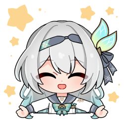  1girl blush bow bowtie closed_eyes firefly_(honkai:_star_rail) firefly_(spring_missive)_(honkai:_star_rail) gradient_hair green_bow green_bowtie grey_hair grey_hairband grey_ribbon grey_sailor_collar hair_between_eyes hair_intakes hair_ornament hair_ribbon hairband hashtag-only_commentary highres honkai:_star_rail honkai_(series) long_hair makinomaki108 multicolored_hair open_mouth plaid_bow plaid_bowtie plaid_clothes ribbon sailor_collar smile solo star_(sky) star_(symbol) starry_sky_background white_background 