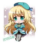  1girl atago_(kantai_collection) black_legwear blonde_hair blush breasts character_name chibi green_eyes hat kantai_collection large_breasts long_hair military_jacket noai_nioshi open_mouth pantyhose personification skirt smile solo 