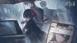  1boy 1girl absurdres alternate_costume black_dress black_gloves black_jacket blush brown_hair car cellphone china_dress chinese_clothes commentary_request dress genshin_impact gloves highres holding holding_phone hu_tao_(genshin_impact) jacket jacket_on_shoulders looking_at_viewer motor_vehicle phone rain red_eyes smartphone sushispin twintails umbrella zhongli_(genshin_impact) 