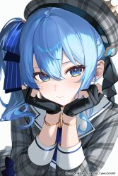  1girl absurdres beret black_gloves blue_eyes blue_hair blush choker closed_mouth collared_shirt commentary_request gloves grey_hat grey_jacket hair_between_eyes hat highres holding holding_microphone hololive hoshimachi_suisei hoshimachi_suisei_(1st_costume) jacket jewelry long_sleeves looking_at_viewer microphone partially_fingerless_gloves plaid_clothes plaid_hat plaid_jacket sakurada_nana shirt simple_background solo star_(symbol) upper_body virtual_youtuber white_background white_shirt 