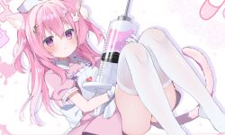  1girl animal_ear_fluff animal_ears apron blush bow breasts cat_ears cat_girl cat_tail chestnut collar collared_dress commission crescent dress expressionless eyebrows_hidden_by_hair feet_out_of_frame frills hair_between_eyes hair_ornament hairclip hat highres holding knees_up long_hair looking_at_viewer no_shoes nurse nurse_cap original parted_lips pill pink_dress pink_hair puffy_short_sleeves puffy_sleeves ribbon short_sleeves sidelocks simple_background sitting skeb_commission solo syringe tail takepoison thigh-highs thighs twintails two_side_up violet_eyes white_thighhighs 