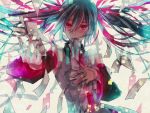  1girl aqua_hair detached_sleeves hand_on_own_chest hatsune_miku long_hair mizuyu mouth_hold nail_polish necktie paper red_eyes solo twintails vocaloid 