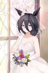  1girl absurdres ahoge alternate_hairstyle animal_ears bare_shoulders blonde_hair bouquet closed_mouth collarbone commentary dress ear_flower english_commentary flower gloves hair_between_eyes hair_bun hands_up highres holding holding_bouquet horse_ears horse_girl long_bangs long_hair_between_eyes looking_at_viewer manhattan_cafe_(umamusume) multicolored_hair no_bra shinnytofu single_hair_bun smile solo umamusume variant_set veil white_dress white_flower white_gloves white_hair white_veil window yellow_eyes 