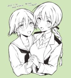  2girls braid green_background happy highres holding_hands jacket long_hair lynette_bishop military military_uniform miyafuji_yoshika monochrome multiple_girls necktie sailor_collar saki_hajime school_uniform shirt short_hair simple_background single_braid smile strike_witches sweater_vest twitter_username upper_body world_witches_series 