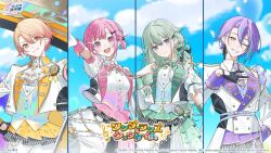  2boys 2girls blonde_hair blue_streaks fingerless_gloves flag gloves green_eyes green_hair grin hand_on_own_chest hand_on_own_hip highres holding holding_flag kamishiro_rui kaoruko_(unkrk55) kusanagi_nene multicolored_hair multiple_boys multiple_girls ootori_emu orange_eyes orange_hair outstretched_arm partially_fingerless_gloves pink_eyes pink_hair project_sekai purple_hair smile tenma_tsukasa two-tone_hair upper_body wonderlands_x_showtime_(project_sekai) yellow_eyes 