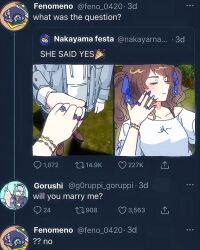  2girls animal bare_shoulders black_shorts blue_bow blue_hat blue_jacket blue_nails boots bow bow_ring bra_strap brown_boots brown_hair camellia_(camel_mal) chain chain_necklace clothes_writing commentary_request denim denim_jacket english_text female_pov fenomeno_(umamusume) fish gold_chain gold_ship_(umamusume) grass hair_bow happy hat holding holding_animal holding_fish holding_hands hood hoodie horse_girl jacket jewelry lace-up_boots layered_sleeves long_sleeves multicolored_nails multiple_girls multiple_rings nail_polish nakayama_festa_(casual)_(umamusume) nakayama_festa_(umamusume) necklace off-shoulder_shirt off_shoulder open_clothes open_jacket outdoors pov puffy_short_sleeves puffy_sleeves purple_bow purple_nails ring shadow shirt short_sleeves shorts sleeve_cuffs social_network tosen_jordan_(casual)_(umamusume) tosen_jordan_(umamusume) twintails twitter umamusume unworn_hat unworn_headwear wavy_hair white_hoodie white_shirt yellow_nails yuri 