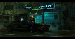  1boy air_conditioner building car cigarette cyberpunk highres laundromat leaning_on_object monitor motor_vehicle neon_lights original rain road shop sidewalk solo street throwing tibz-ollier window 