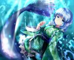  1girl blue_eyes blue_hair fish_tail frills head_fins highres hizagawa_rau in_water japanese_clothes kimono mermaid monster_girl solo touhou wakasagihime wide_sleeves 