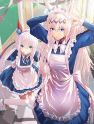  2girls ahoge animal_ears apron blue_dress blue_eyes blue_hairband blush bow closed_mouth commentary_request dress ear_covers ear_ornament grey_hair grey_tail grin hair_between_eyes hair_ornament hairband hallway headband horse_ears horse_girl horse_tail long_hair long_sleeves maid maid_apron maid_headdress multicolored_hair multicolored_hairband multiple_girls oguri_cap_(umamusume) open_mouth ponytail red_headband sami86638476 smile striped_clothes striped_hairband tail tamamo_cross_(umamusume) teeth thigh-highs twintails two-tone_hairband tying_hair umamusume umamusume:_cinderella_gray very_long_hair white_apron white_bow white_thighhighs 