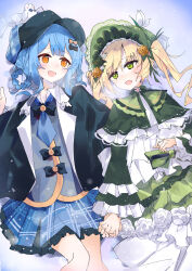  2girls :d black_capelet black_hat blonde_hair blue_hair blue_necktie blue_skirt braid braided_hair_rings breath capelet deerstalker dice_choco dress feet_out_of_frame frilled_dress frilled_skirt frills green_bonnet green_dress green_eyes grey_vest hair_rings hat highres holding_hands interlocked_fingers long_hair long_sleeves looking_at_another lying mahou_shoujo_no_majo_saiban multiple_girls necktie on_back on_ground open_mouth outdoors pleated_skirt short_hair skirt smile snow snowing tachibana_sherry tono_hanna twintails vest yellow_eyes 
