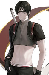  1boy bin_(binonep) black_eyes black_gloves black_hair black_pants closed_mouth crop_top forehead_protector gloves highres konohagakure_symbol looking_at_viewer male_focus midriff naruto_(series) naruto_shippuuden navel pants partially_fingerless_gloves sai_(naruto) scroll short_hair short_sleeves solo white_background 
