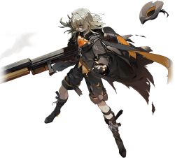  1girl black_hat black_pants black_shoes blonde_hair commentary_request girls'_frontline_2:_exilium girls_frontline green_eyes gun hat high_heels holding holding_gun holding_weapon long_hair official_art pants sextans_(girls'_frontline_2) shoes solo weapon white_background 