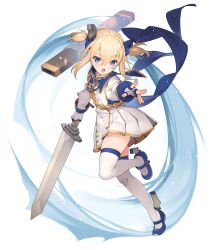  1girl anchor_necklace azur_lane bandaid blonde_hair blue_eyes blue_ribbon blue_shoes blush commentary_request dress eho_(icbm) fingerless_gloves full_body gloves hair_ribbon highres holding holding_sword holding_weapon jewelry little_renown_(azur_lane) looking_at_viewer manjuu_(azur_lane) necklace open_mouth ribbon rudder_footwear shoes short_twintails simple_background solo sword thigh-highs twintails weapon white_background white_dress white_thighhighs 