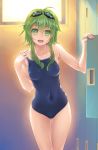  1girl :d goggles green_eyes green_hair gumi highres locker locker_room one-piece_swimsuit open_mouth smile swimsuit vocaloid wacchi 
