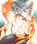  2boys blue_hair closed_eyes fushimi_saruhiko glasses grin holding_hands k_(anime) levi-kuroko multiple_boys orange_hair short_hair smile yata_misaki 
