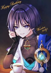  1boy absurdres anemo_symbol_(genshin_impact) aqua_gem armor black_background black_bodysuit blue_cape blue_kimono blue_sleeves blunt_ends bodysuit bridal_gauntlets bright_pupils brown_bridal_gauntlets cape character_name choppy_bangs coffee commentary_request covered_collarbone cup elbow_rest eyeliner eyeshadow gem genshin_impact glowing_gem gold hand_up happy_birthday highres japanese_armor japanese_clothes juban kimono kote kurokote layered_sleeves looking_at_viewer makeup male_focus mandarin_collar open_clothes open_hand open_kimono open_mouth plate pom_pom_(clothes) purple_rope red_eyeliner red_eyeshadow rina_sukareltuto rope scaramouche_(genshin_impact) short_sleeves shoulder_peek signature sitting smirk solo steam table tsurime upper_body violet_eyes wanderer_(genshin_impact) white_kimono white_mouth white_pupils white_sleeves white_trim 