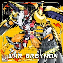  armor artist_logo ccccockroachst character_name claw_(weapon) colored_skin commission digimon digimon_(creature) dragon fire gauntlets green_eyes helmet highres horns logo mechanical_wings orange_background orange_skin red_hair short_hair shoulder_armor solo wargreymon watermark weapon wings yellow_armor 