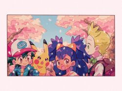 1girl 2boys ash_ketchum black_hair blush border brown_eyes cherry_blossoms cilan_(pokemon) commentary_request double-parted_bangs eye_contact falling_petals green_hair index_finger_raised iris_(pokemon) looking_at_another mgomurainu multiple_boys open_mouth petals pikachu pokemon pokemon_(anime) purple_hair two_side_up 