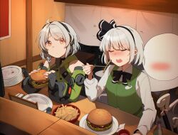  2girls absurdres ahoge anby_demara bare_shoulders black_bow black_bowtie black_choker black_gloves black_hairband black_ribbon blush bottle bow bowtie braid burger buttons chair choker chopsticks closed_mouth collared_shirt commentary crossover detached_sleeves english_commentary fingerless_gloves food french_fries gloves green_skirt green_sleeves green_vest grey_hair hair_ribbon hairband highres holding holding_burger holding_chopsticks holding_food holding_with_chopsticks izakaya konpaku_youmu konpaku_youmu_(ghost) long_sleeves look-alike multiple_girls open_mouth orange_eyes plate ribbon shirt short_hair side_braid sitting skirt sword touhou trait_connection umisaki underwear v-shaped_eyebrows vest weapon white_shirt zenless_zone_zero 