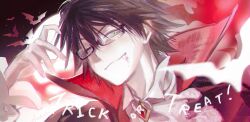  1boy bat_(animal) black-framed_eyewear black_hair bungou_stray_dogs closed_mouth commentary edogawa_ranpo_(bungou_stray_dogs) english_commentary fang fang_out glasses green_eyes harechi highres looking_at_viewer male_focus one_eye_closed rectangular_eyewear semi-rimless_eyewear short_hair solo trick_or_treat under-rim_eyewear vampire_costume 